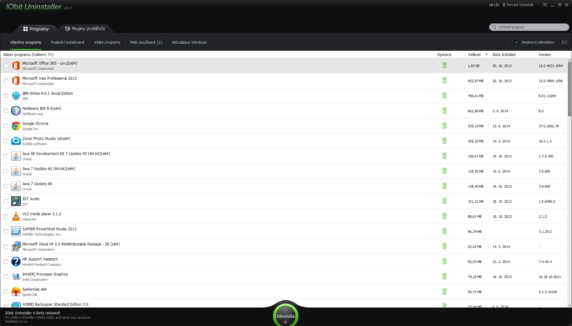 Prostředí programu IObit Uninstaller